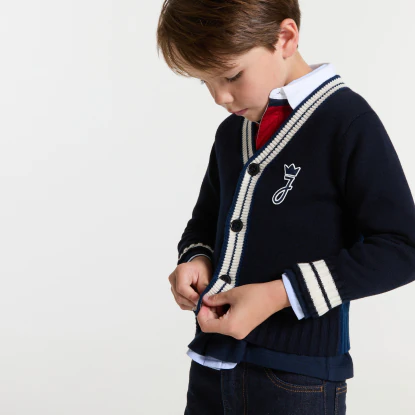 條紋拼色開襟毛衣